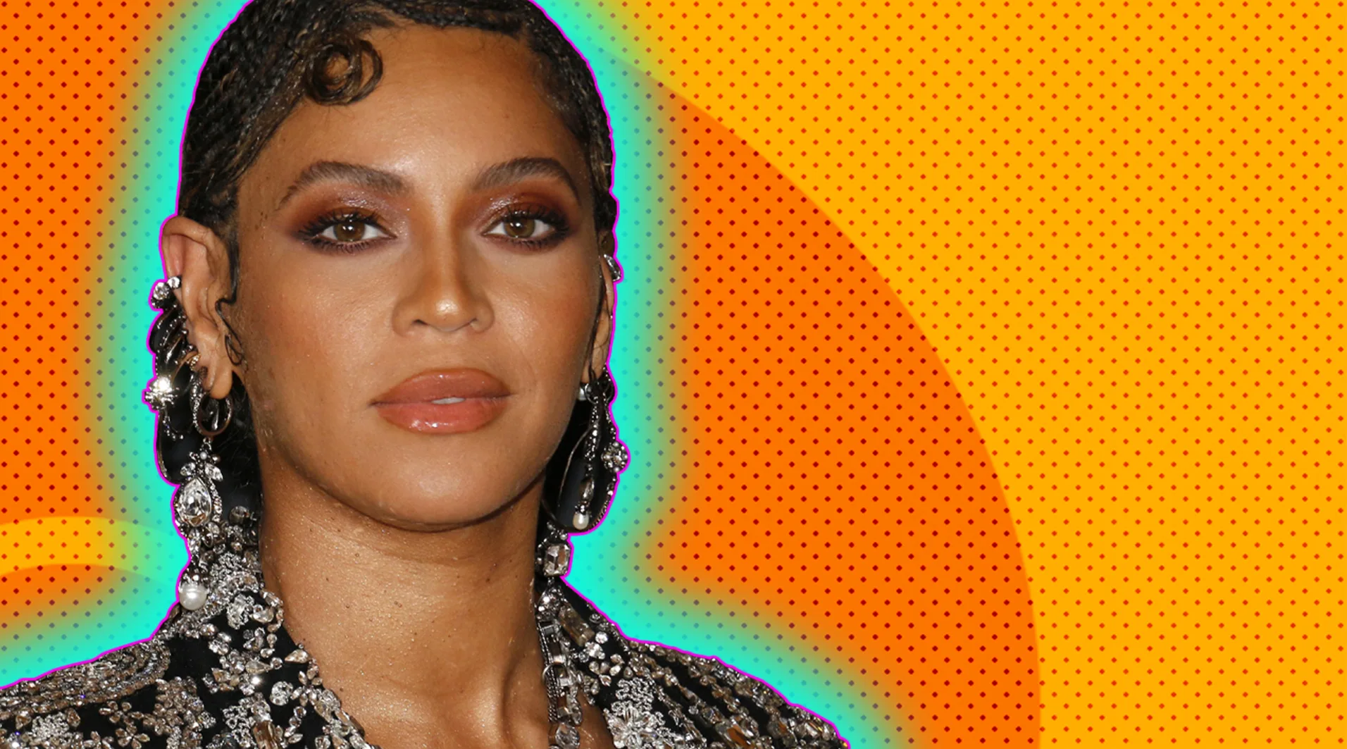 Beyonce at the premiere of Lion King, with a green glow around her on a orange spotty background