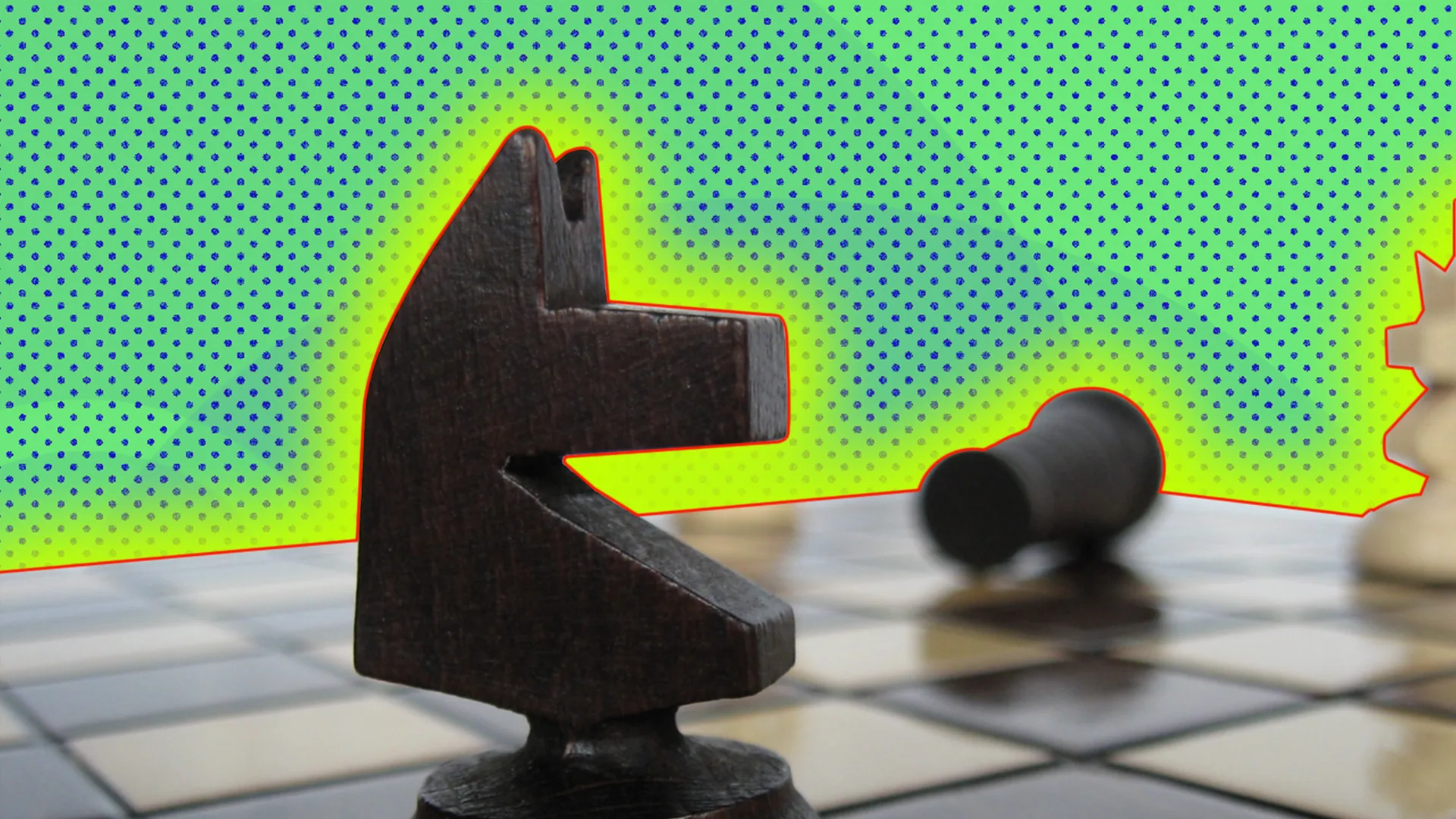 A chess piece on a chess board outlined by a yellow hat effect on a green and blue spotty background