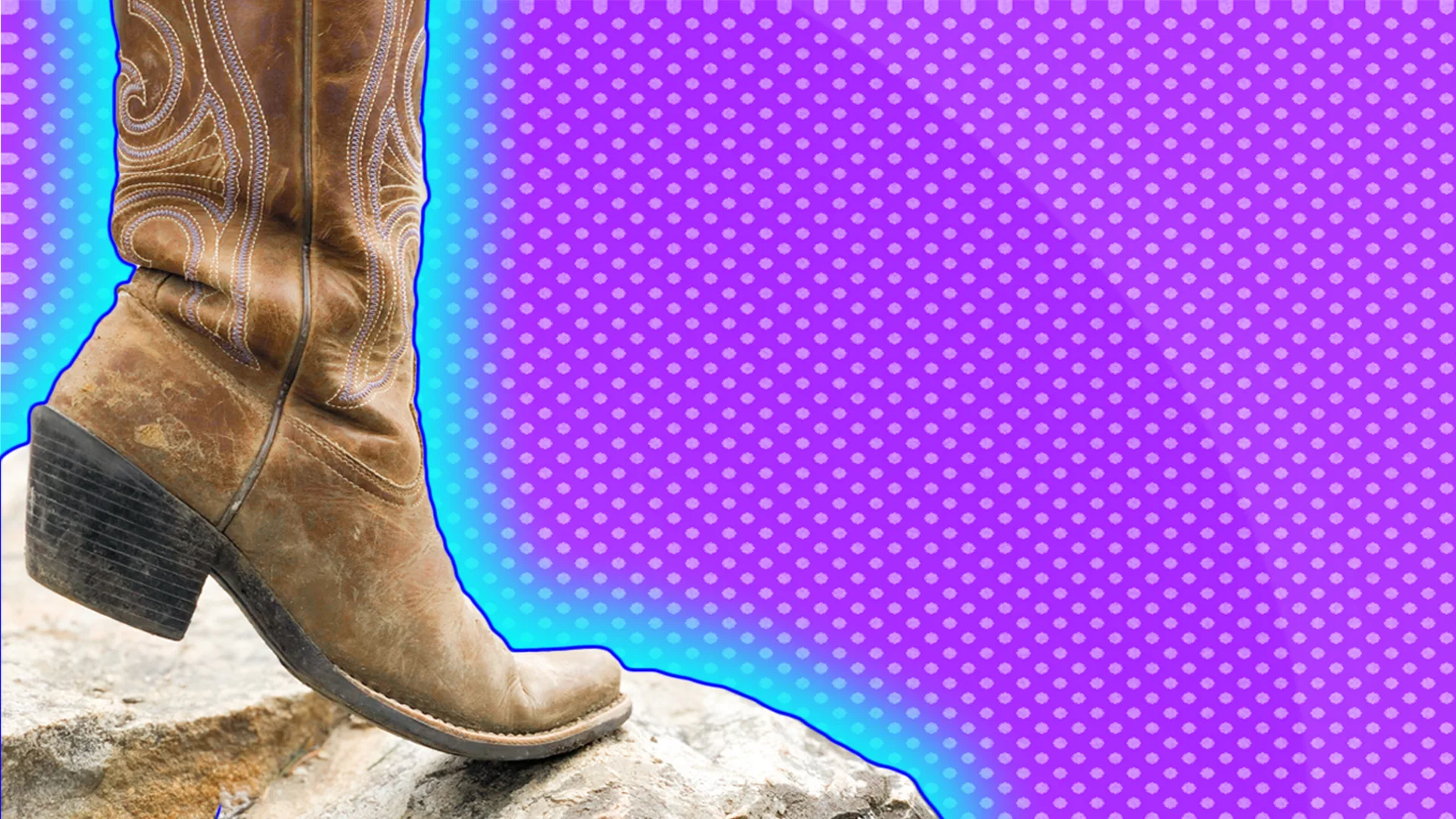 A worn cowboy boot on a rock with a purple textured background outlined by a turquoise hat effect