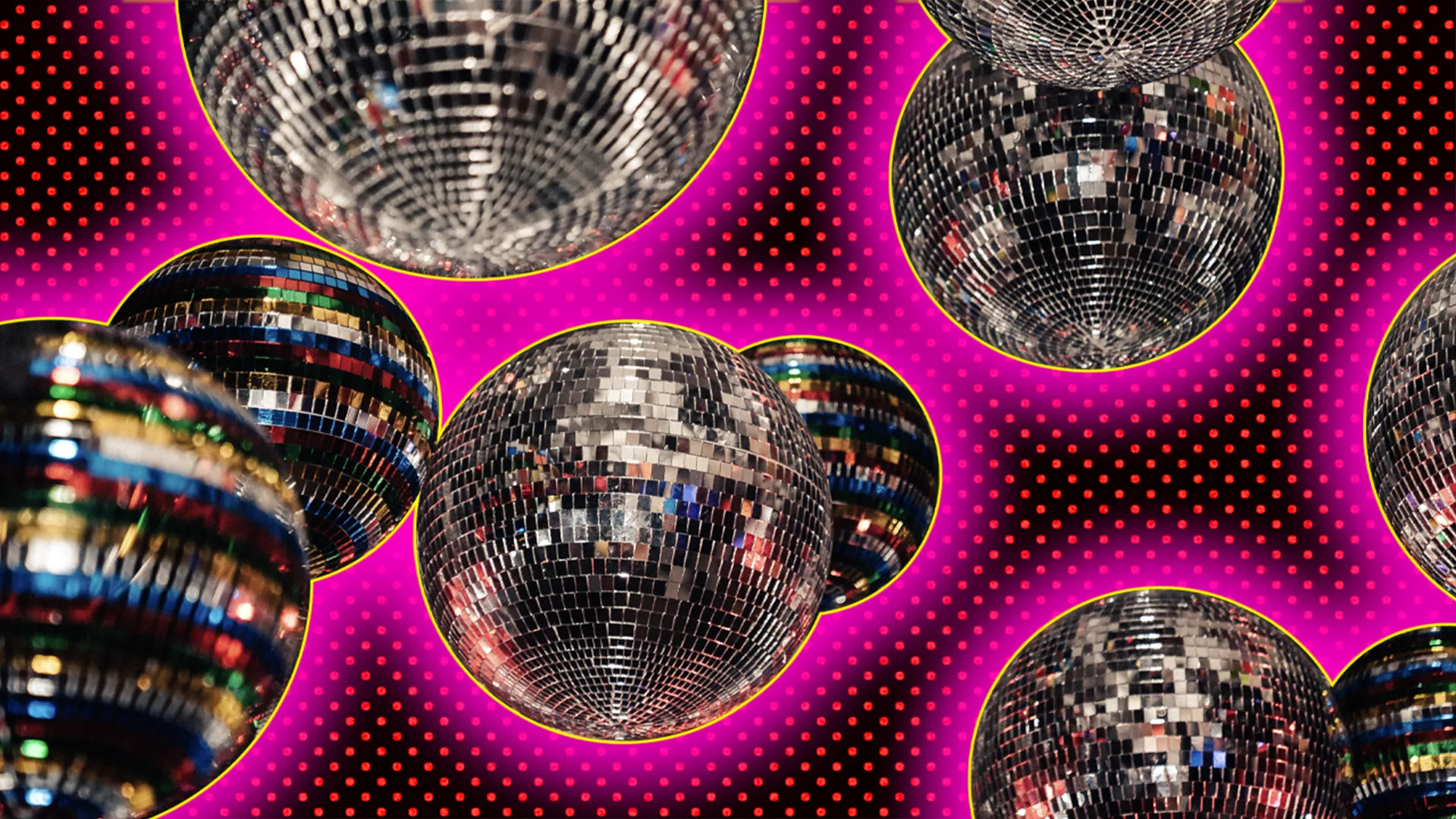 Many disco balls outlined in a. purple halo effect on a black and red spotty background