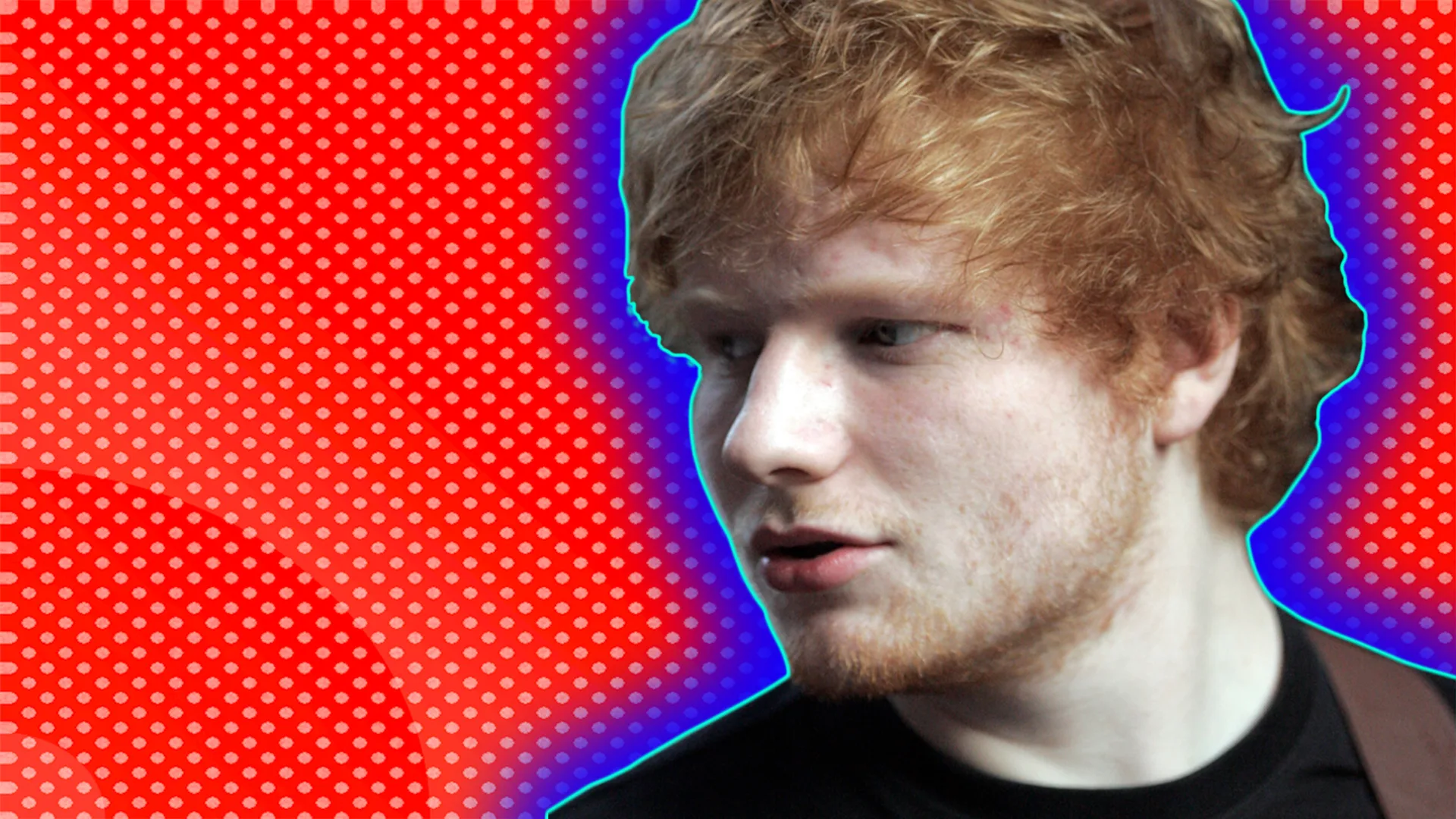 Close-up of Ed Sheeran, outlined by blue halo effect on red background dotted with white.