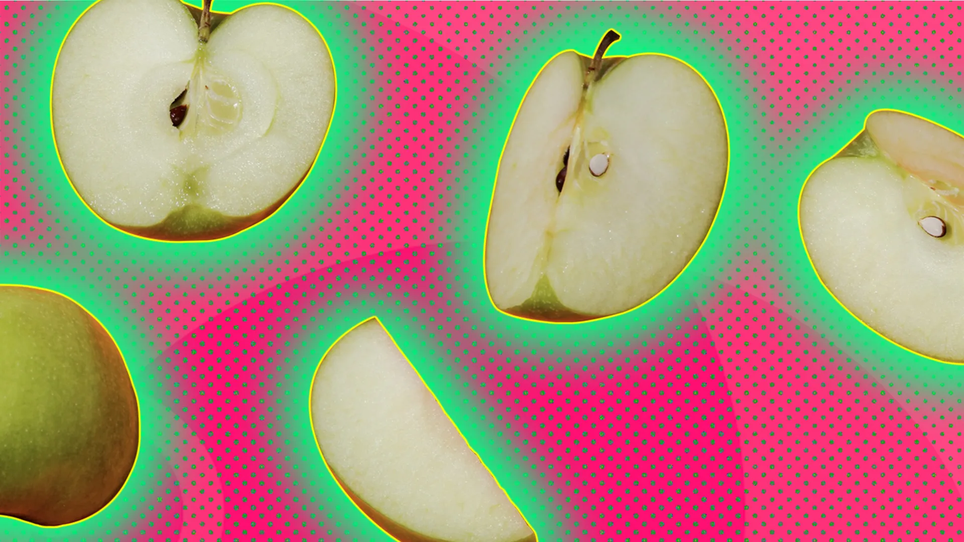 Green Apples with a green glow on a spotty pink background