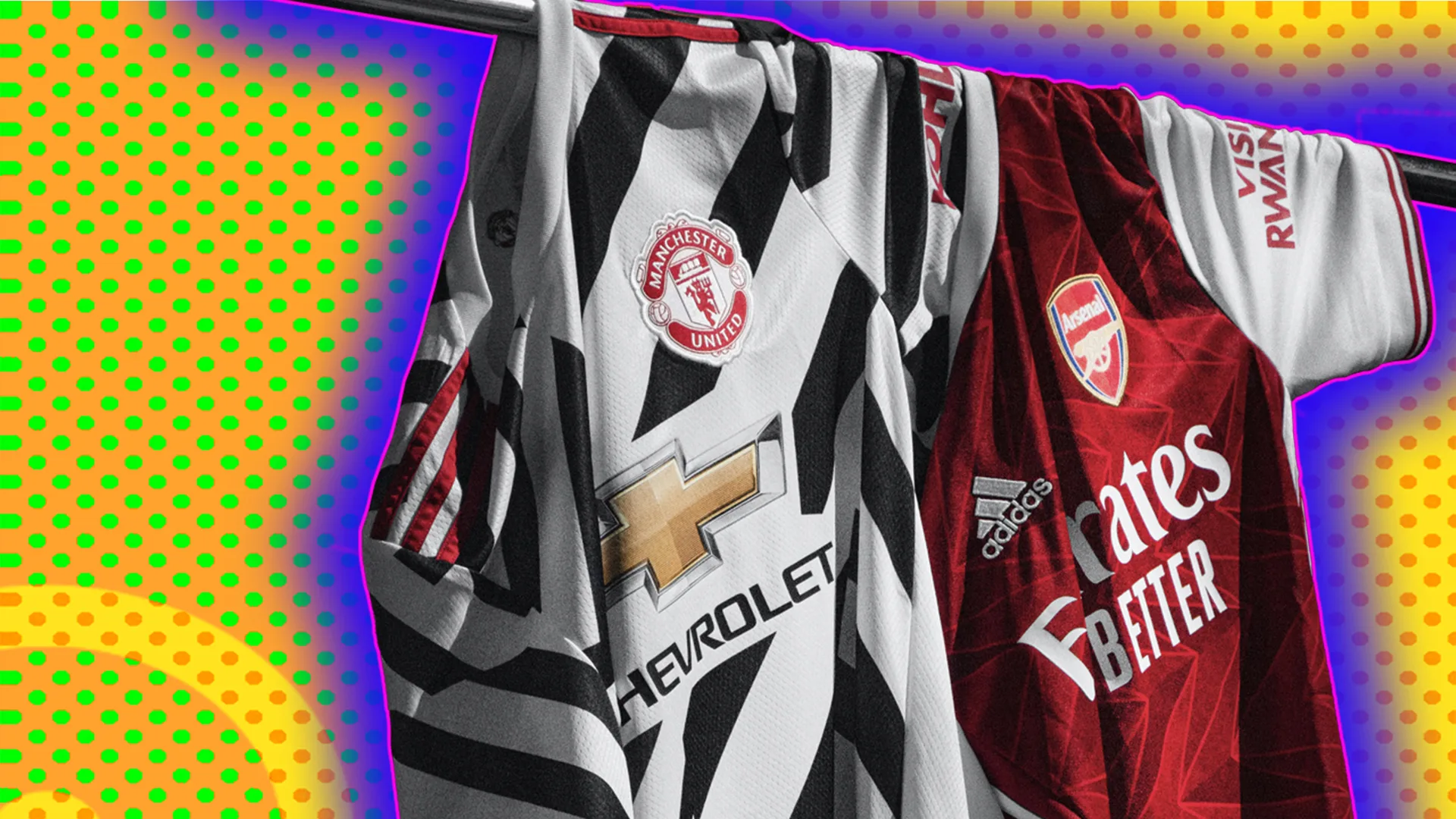 Two football shirts, Manchester and Arsenal, hanging on a pole, with a yellow textured background outlined by a blue hat effect