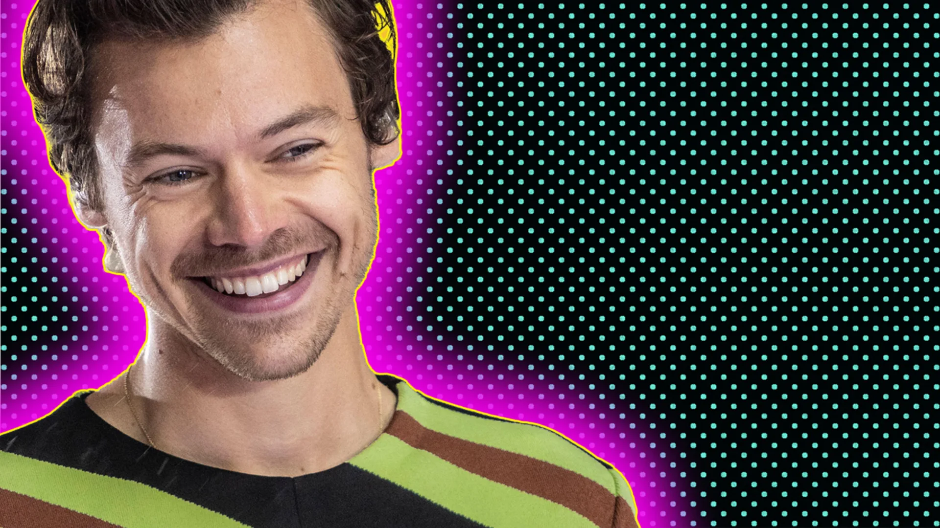 Harry Styles smiling with a purple glow around him on a black background with green polka dots