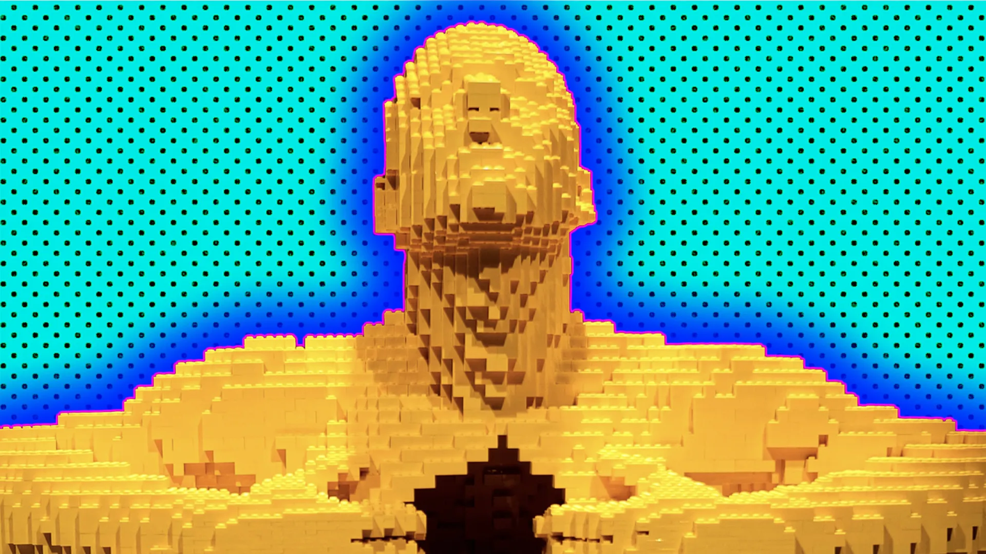 A human head and shoulders made out of yellow lego outlined by a blue halo effect on a turquoise spotty background