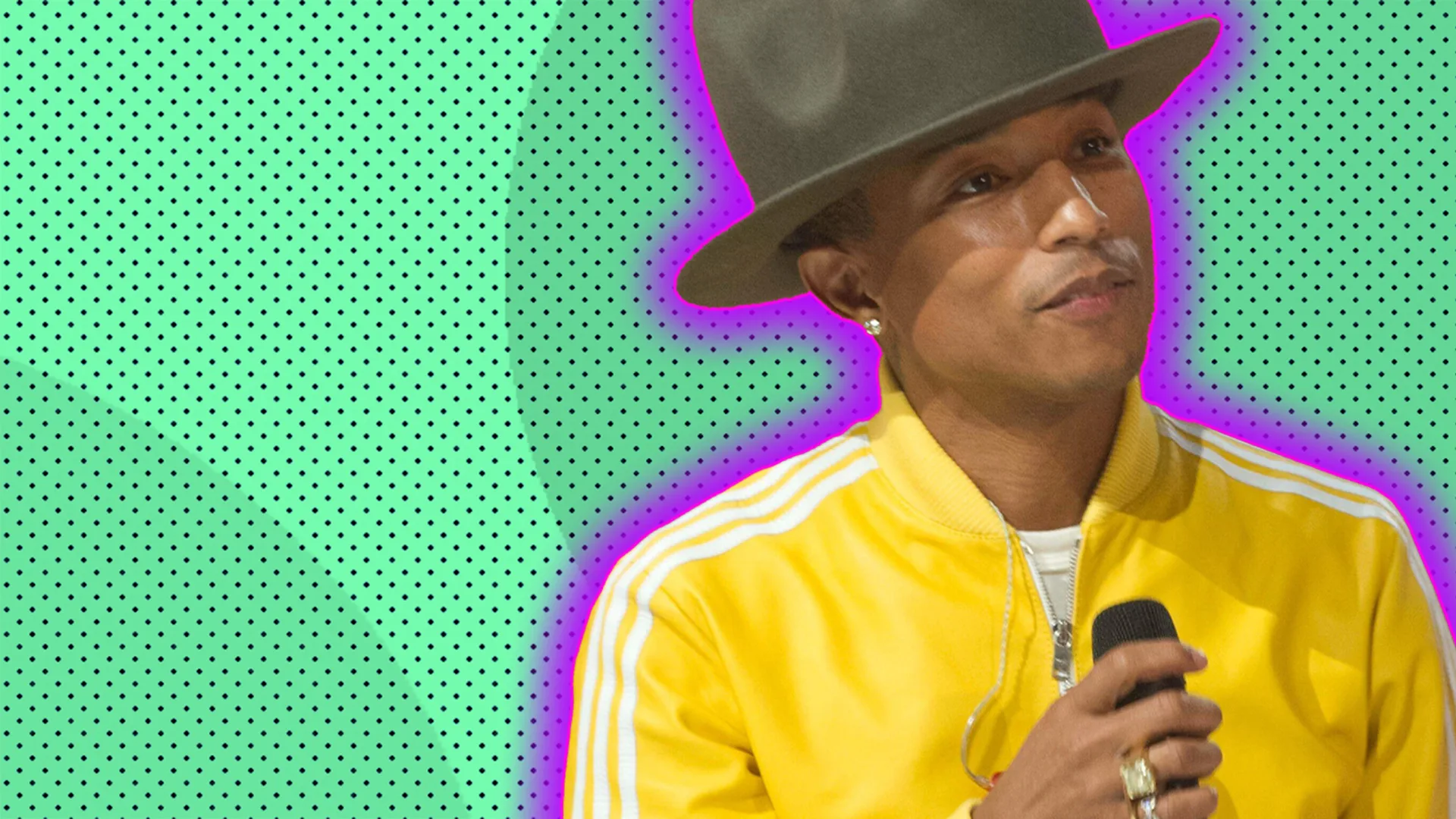 Pharrell Williams holding a mic with a green textured background and purple halo glow