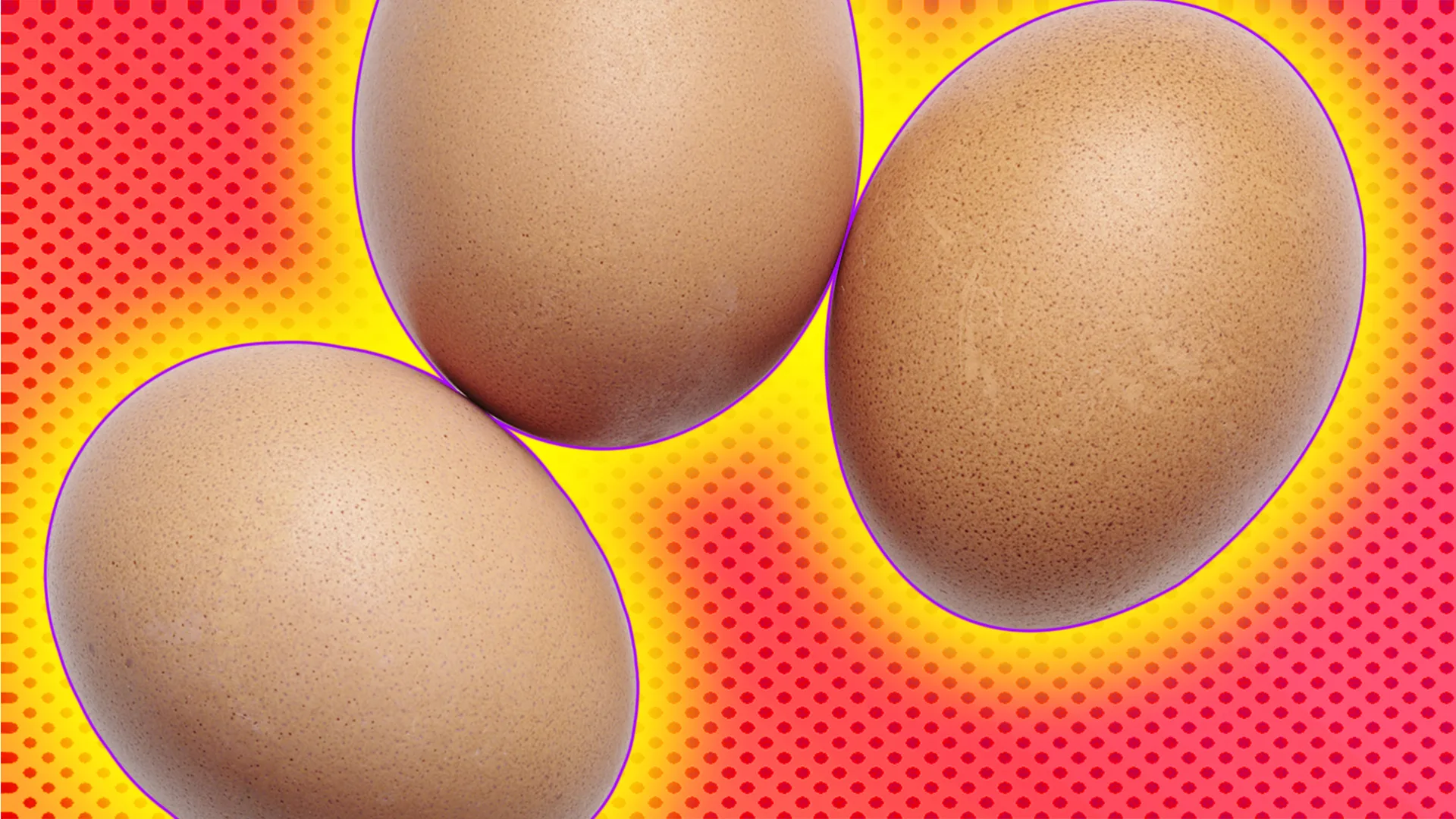 Three eggs with a purple and yellow glow around them on a pink background