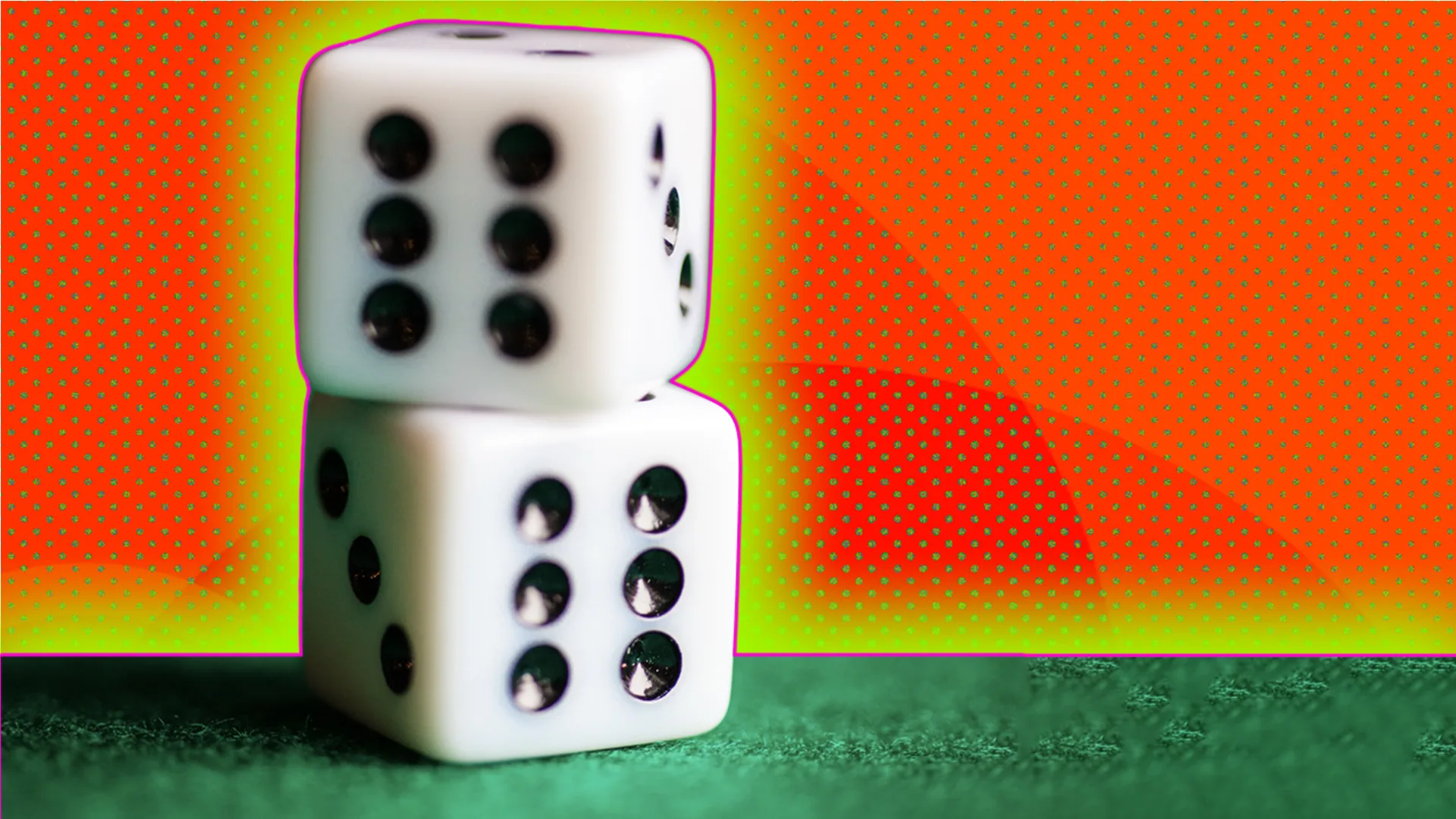 A pair of dice stacked on top of each other with a red textured background and outlined with a yellowy green halo effect