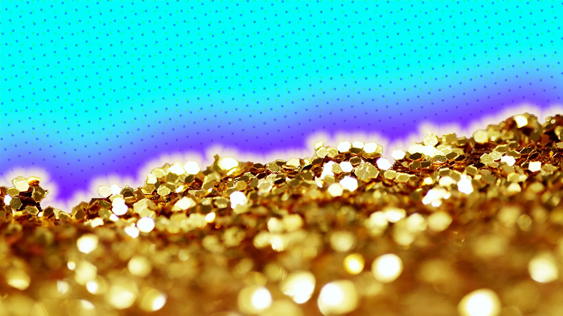 Pieces of glittering gold with a turquoise textured background outlined by a purple halo effect
