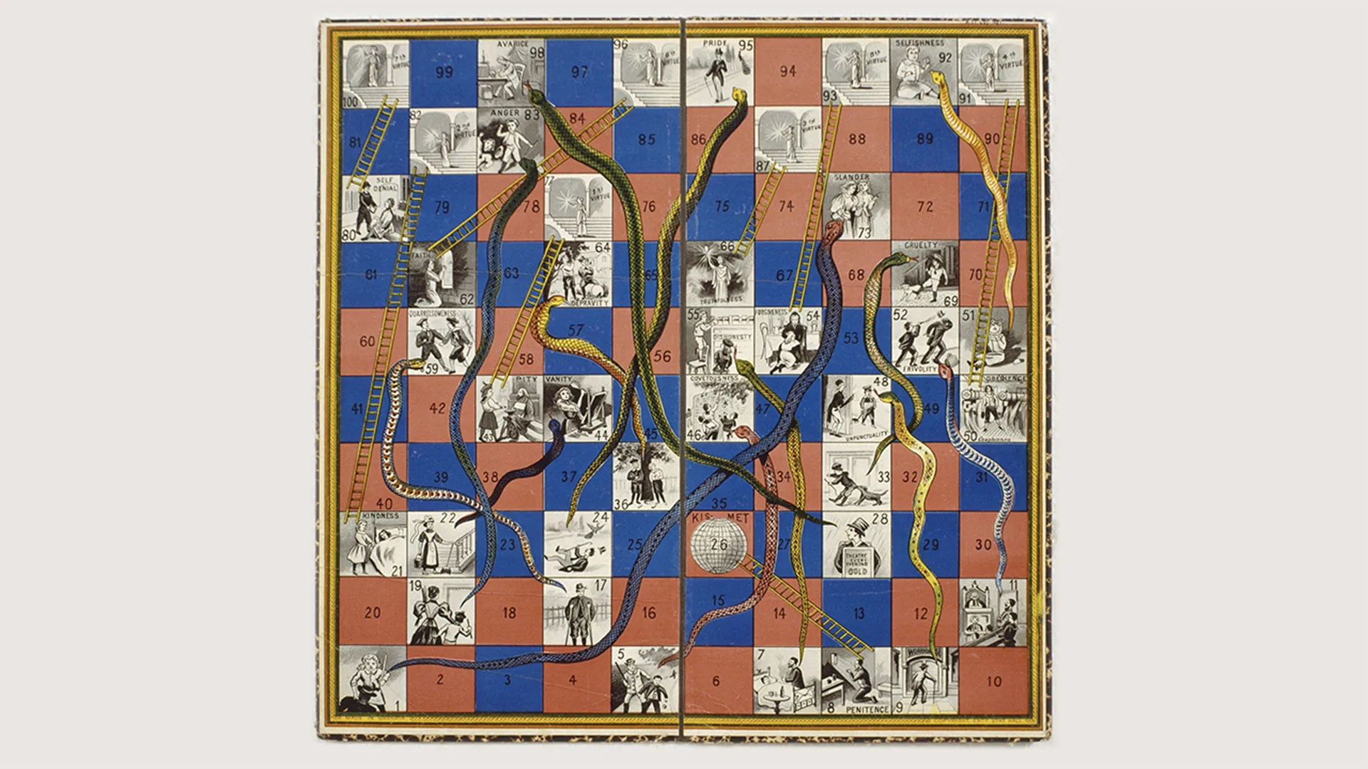 A blue, white and red board game with snakes and ladders
