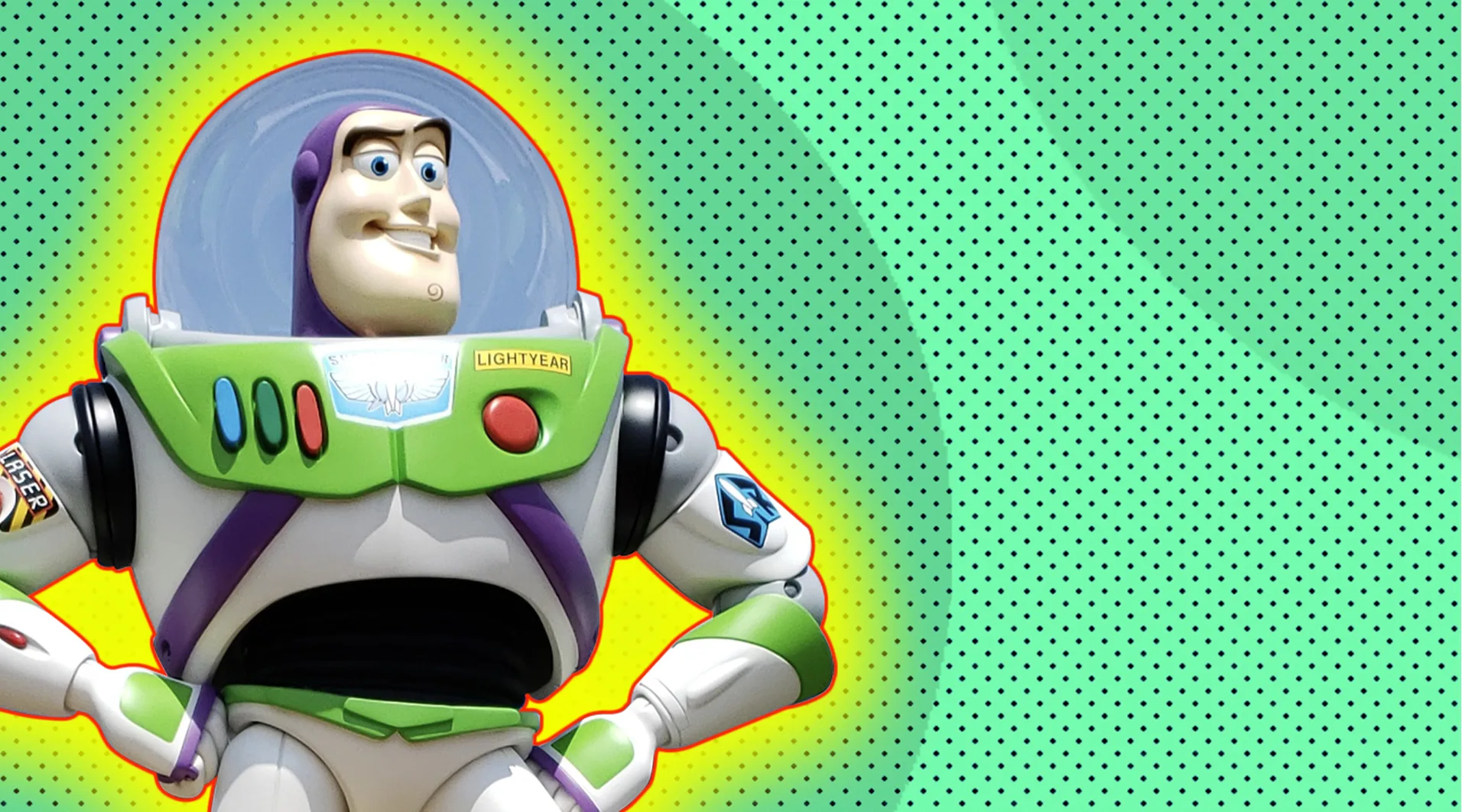 Buzz Lightyear statue with arms akimbo, outlined by yellow halo effect on green and black-dotted background.