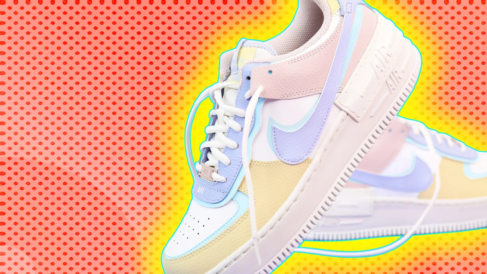 Nike Air Force 1's with an orange glow on a pink background