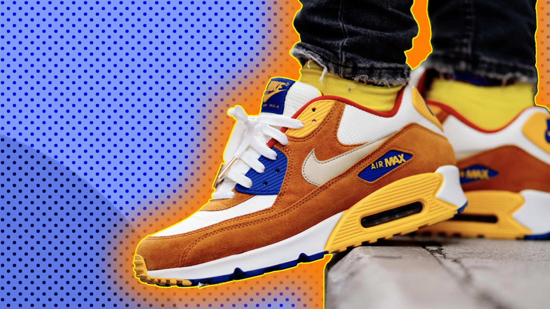Orange, blue and white Air Max Trainers on a blue background with an orange glow