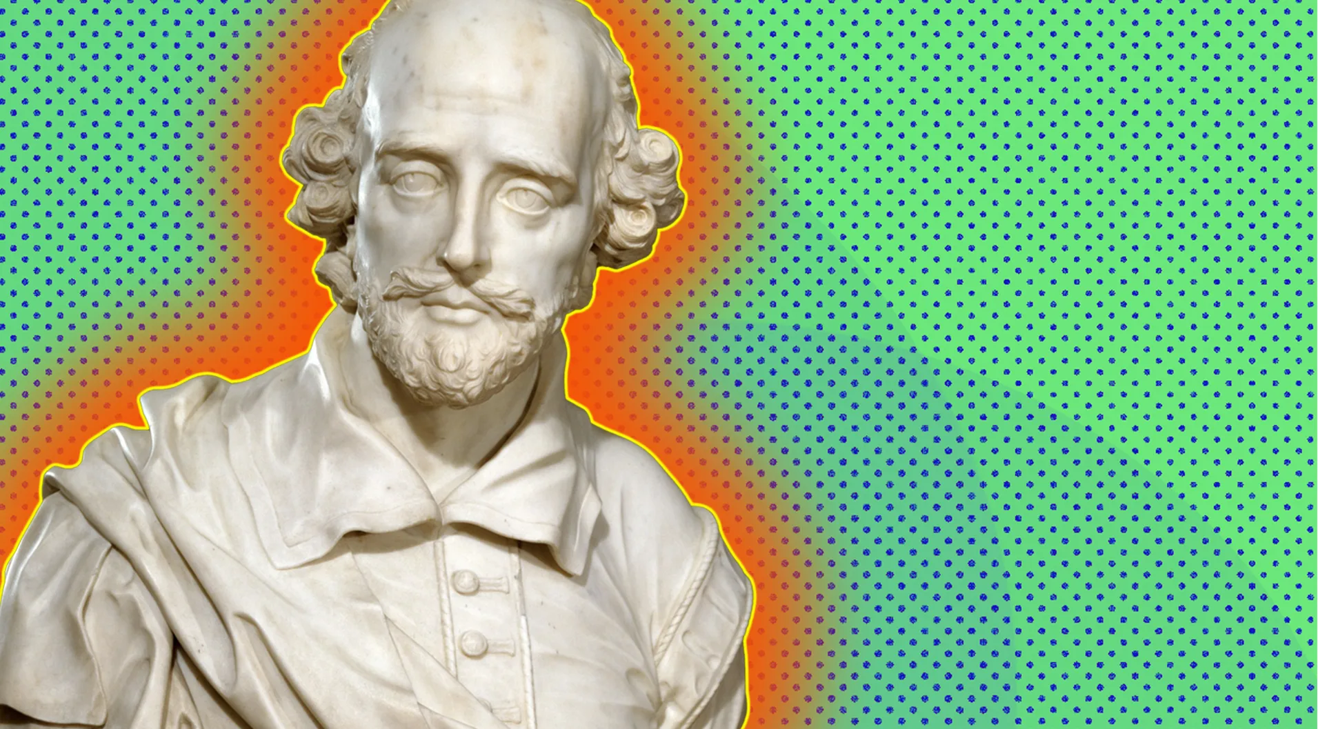 A bust of Shakespeare with an orange glow on a green background