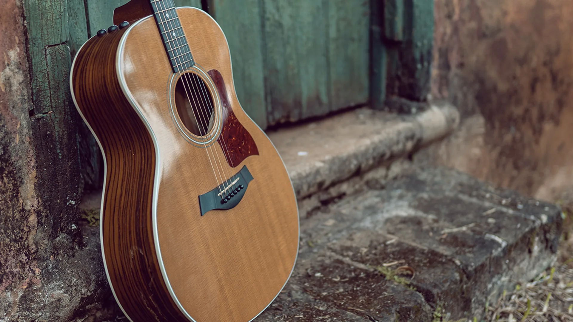 Guitar leaning against a door