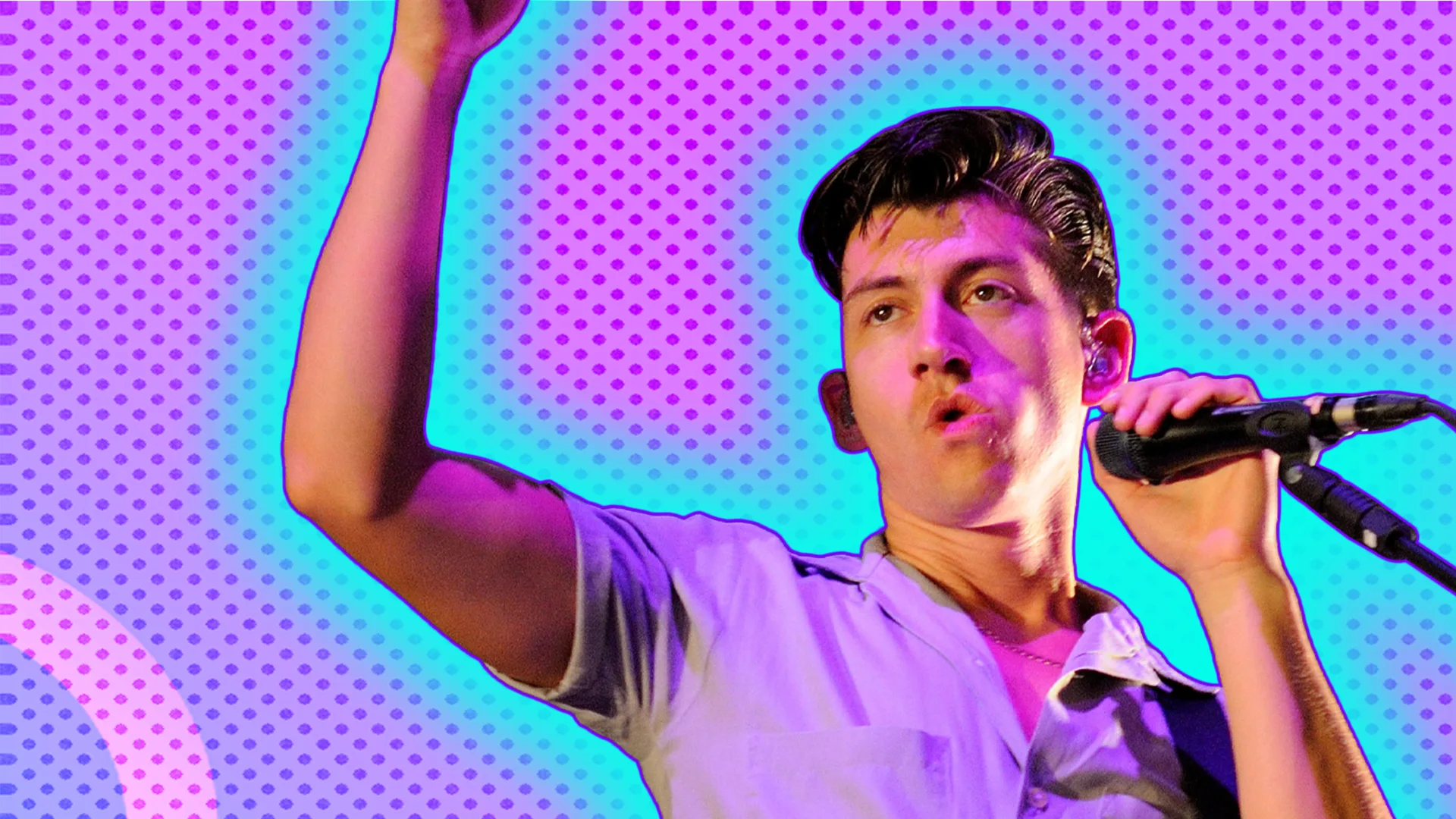 Alex Turner playing a concert with a blue glow around him on a purple background