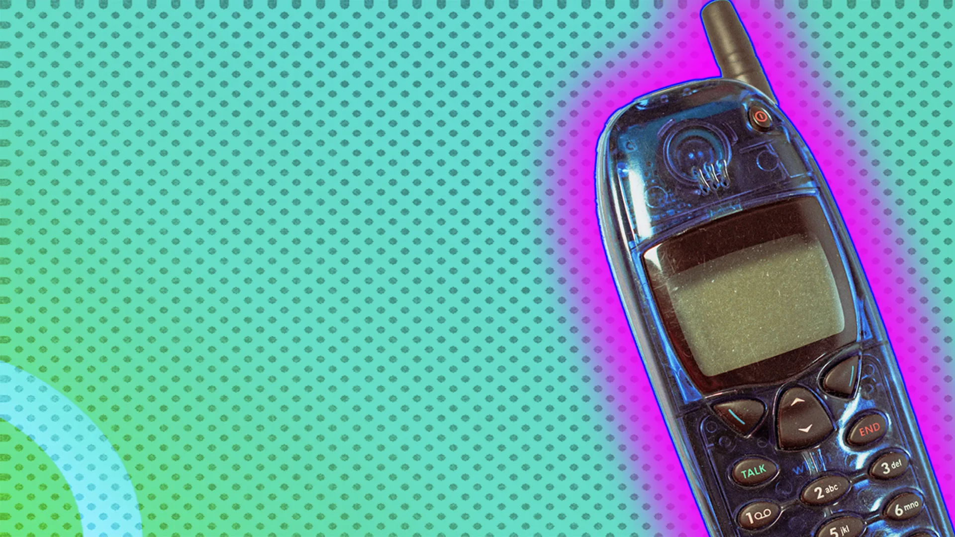 Brick phone outlined by purple halo effect on teal-dotted background.