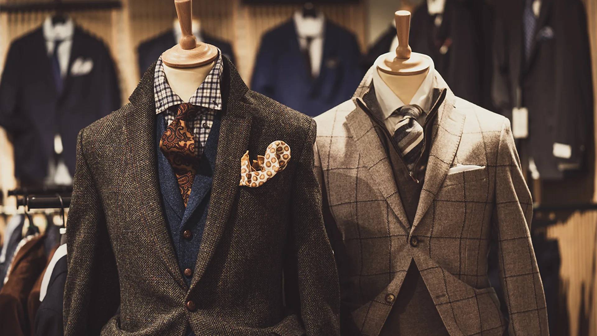 Two mannequins dressed with suits and shirts