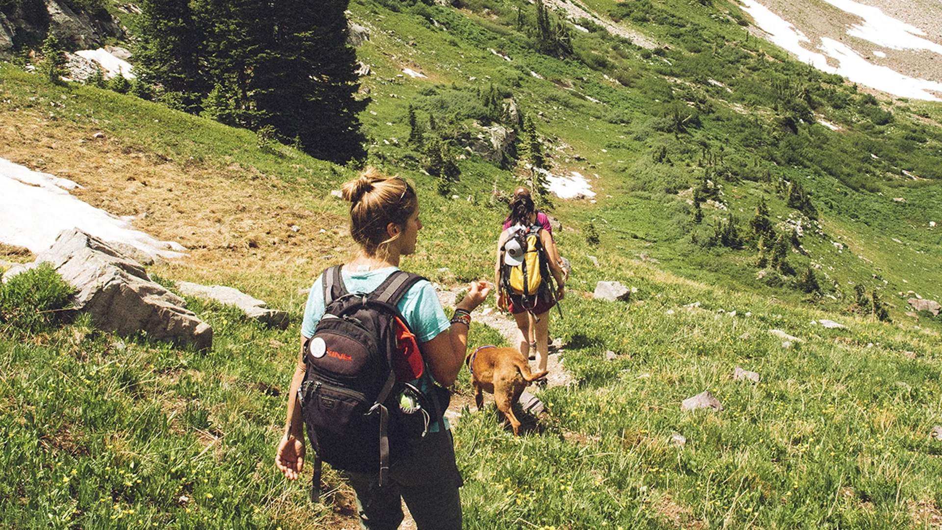 People walking down a hill along a hiking trail