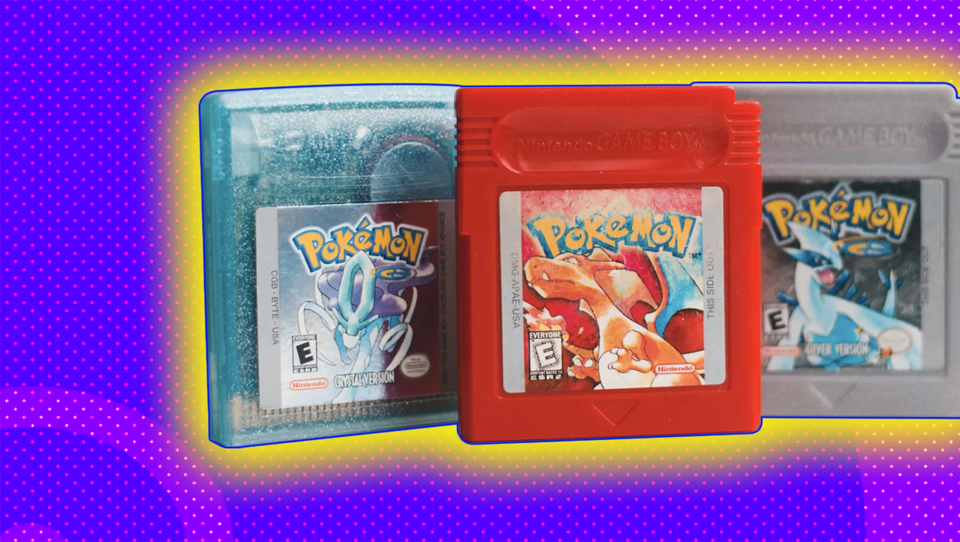 Three Nintendo Game Boy game with a yellow glow on a purple background