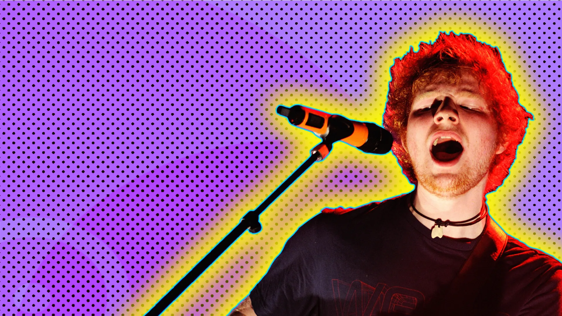 Ed Sheeran with a yellow glow on a purple background