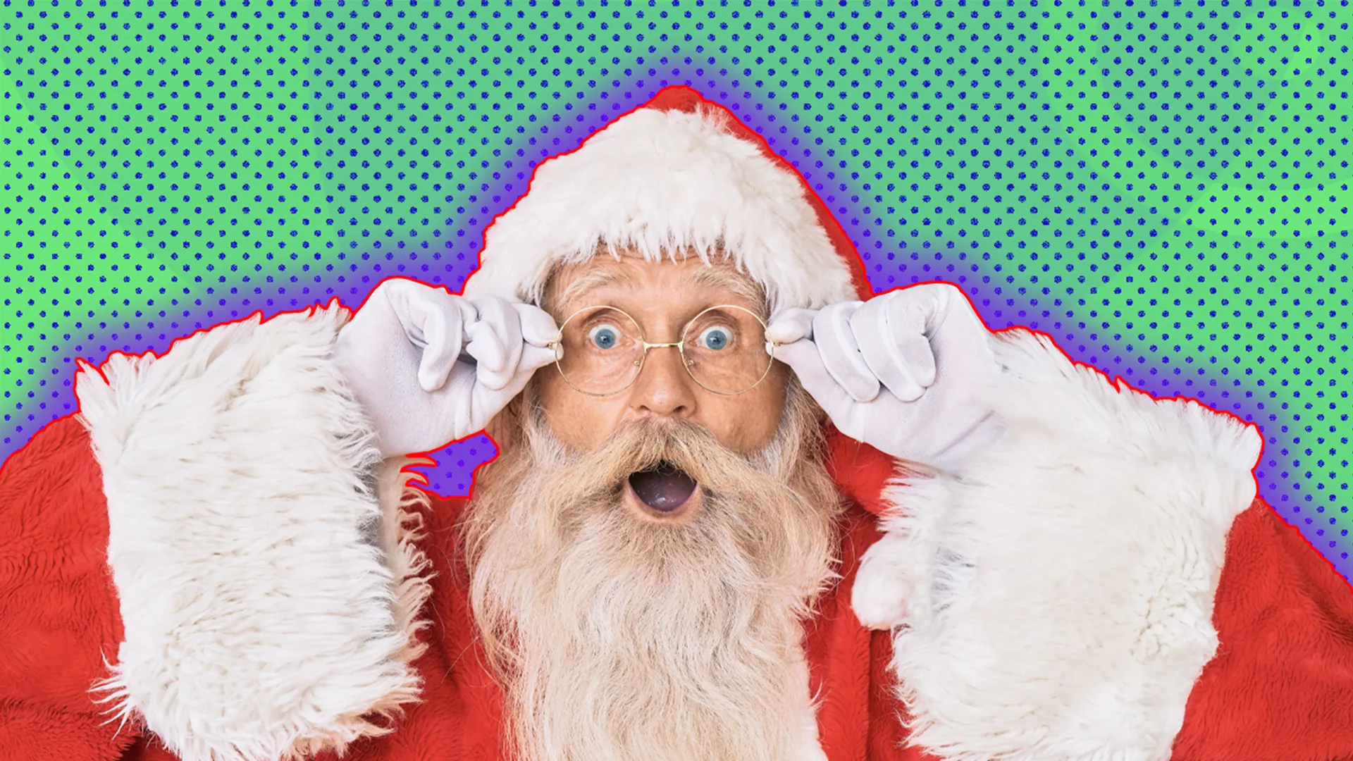 Close-up of Santa Claus in traditional red and white attire holding glasses with his mouth open outlined by a purple halo effect on a green and blue dotted background.