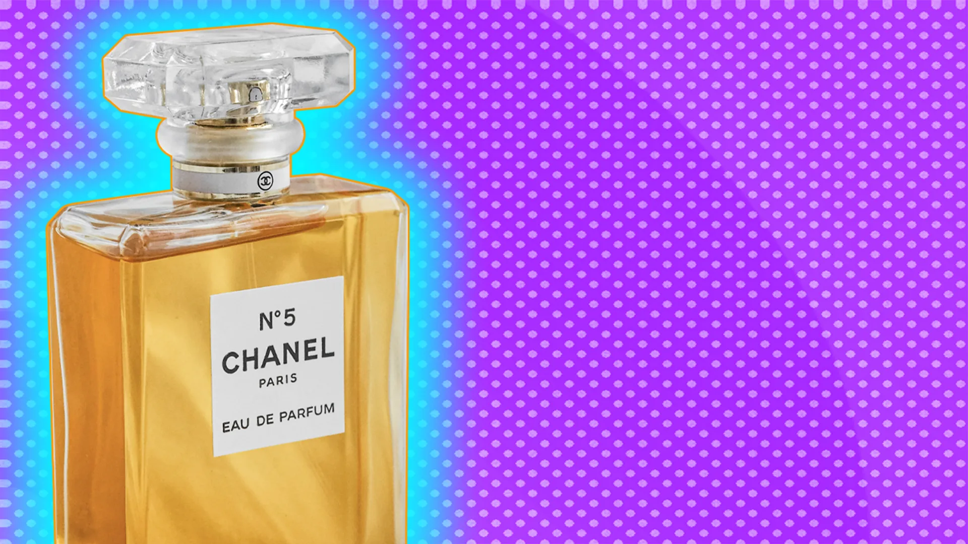 A bottle of Chanel perfume with a blue glow on a purple background.