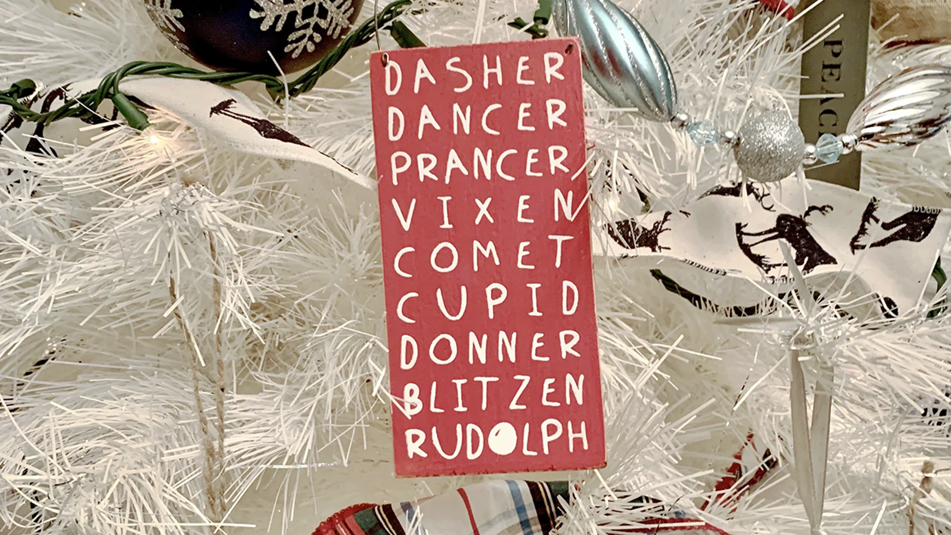 Reindeer names listed on a decoration on a tree