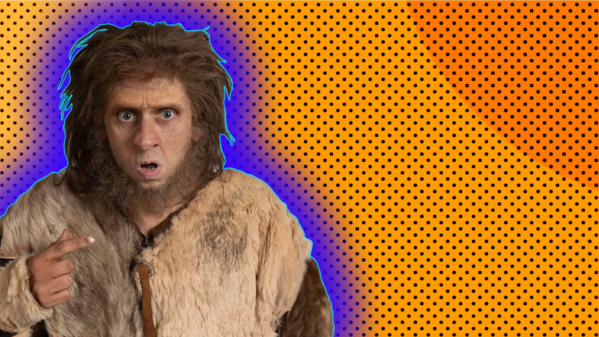 Actor Laurence Rickard as Robin the caveman against orange background
