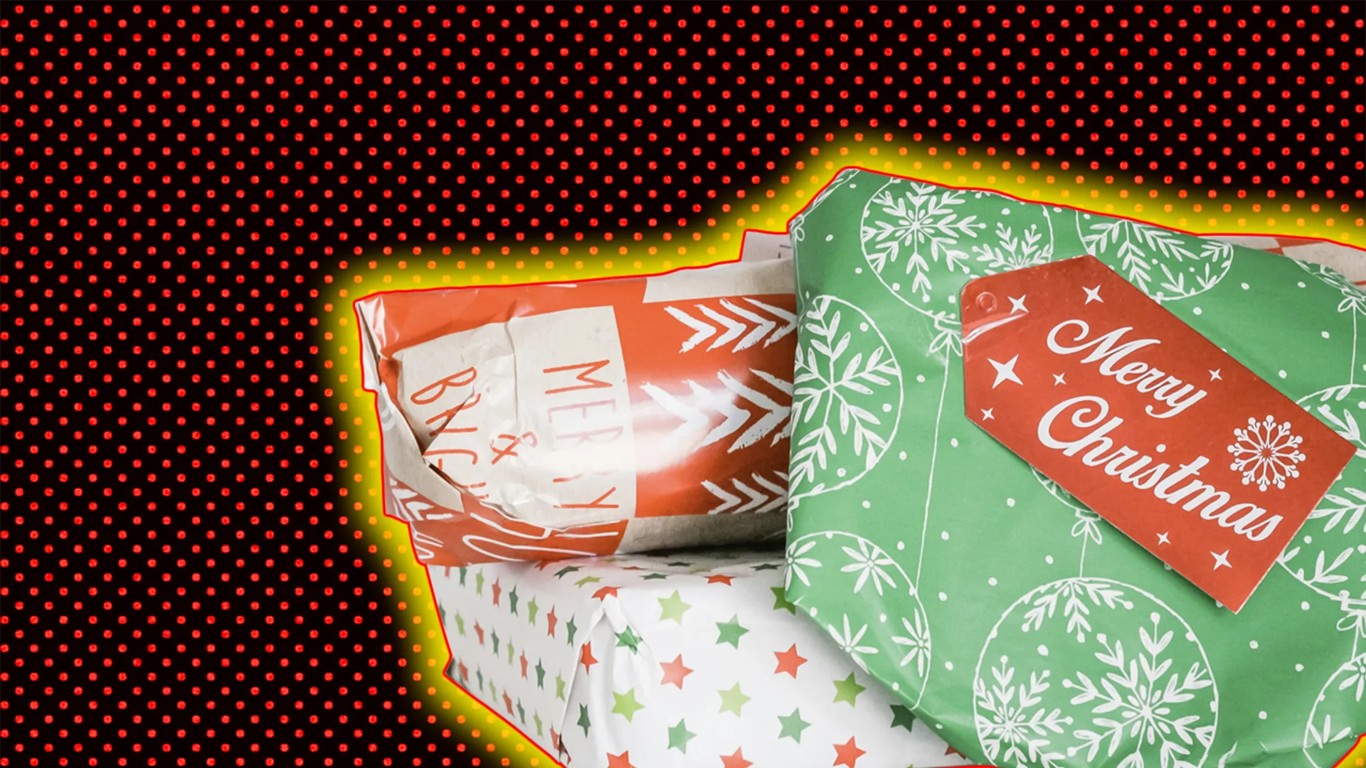 Wrapped Christmas presents, outlined by yellow halo effect on black and red-dotted background.