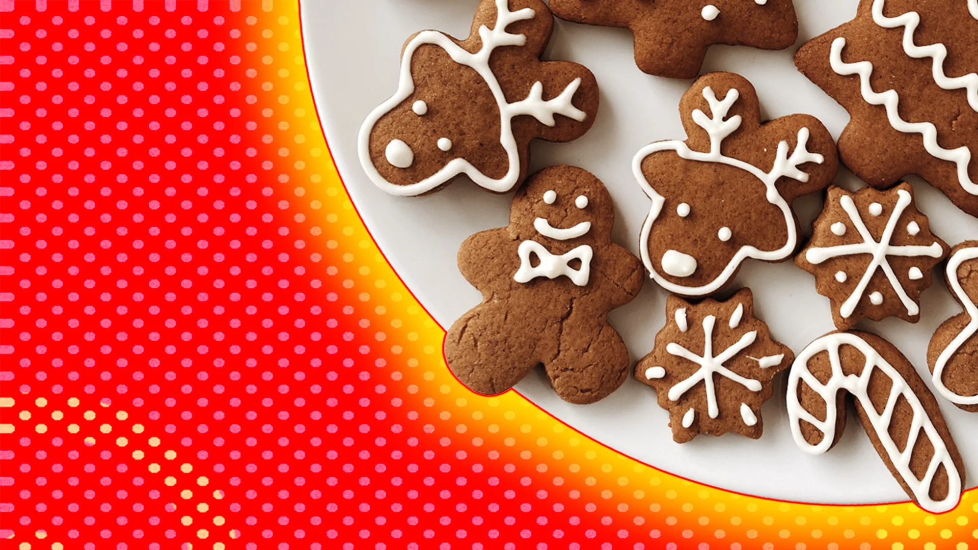 Gingerbread cookies on a white plate, with a yellow glow on a red background