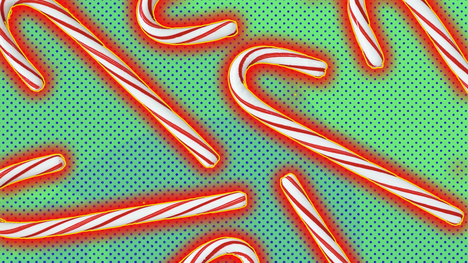 Multiple festive candy canes with the classic red and white stripes, outlined by red halo effect on green and blue-background.