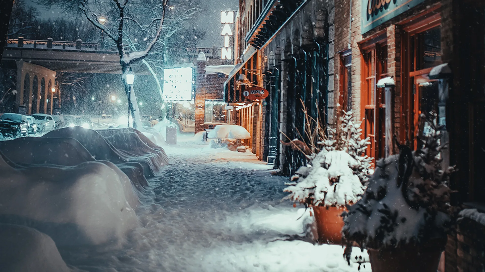 New York street in the snow at night