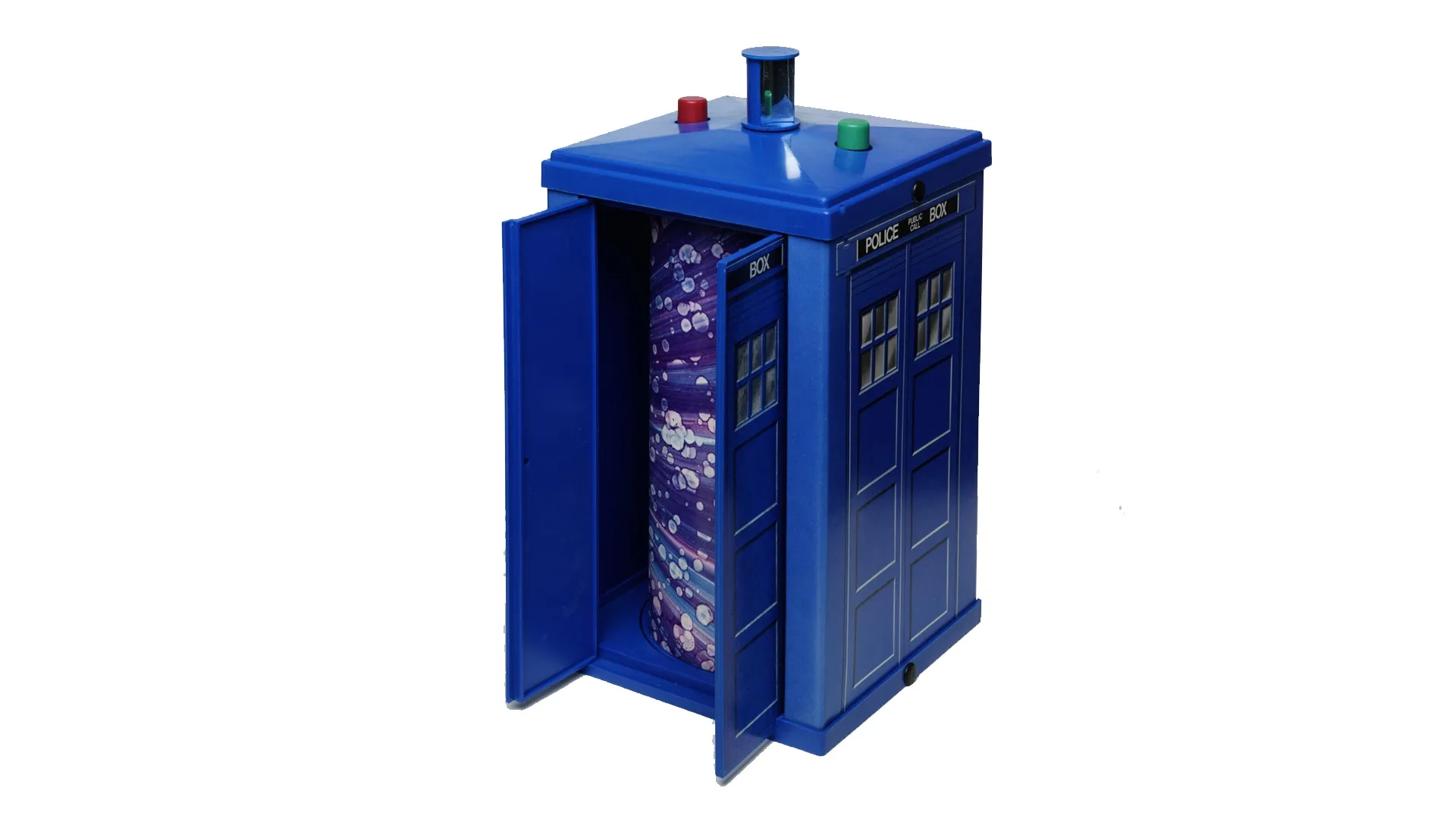 Blue policebox Tardis toy on white background