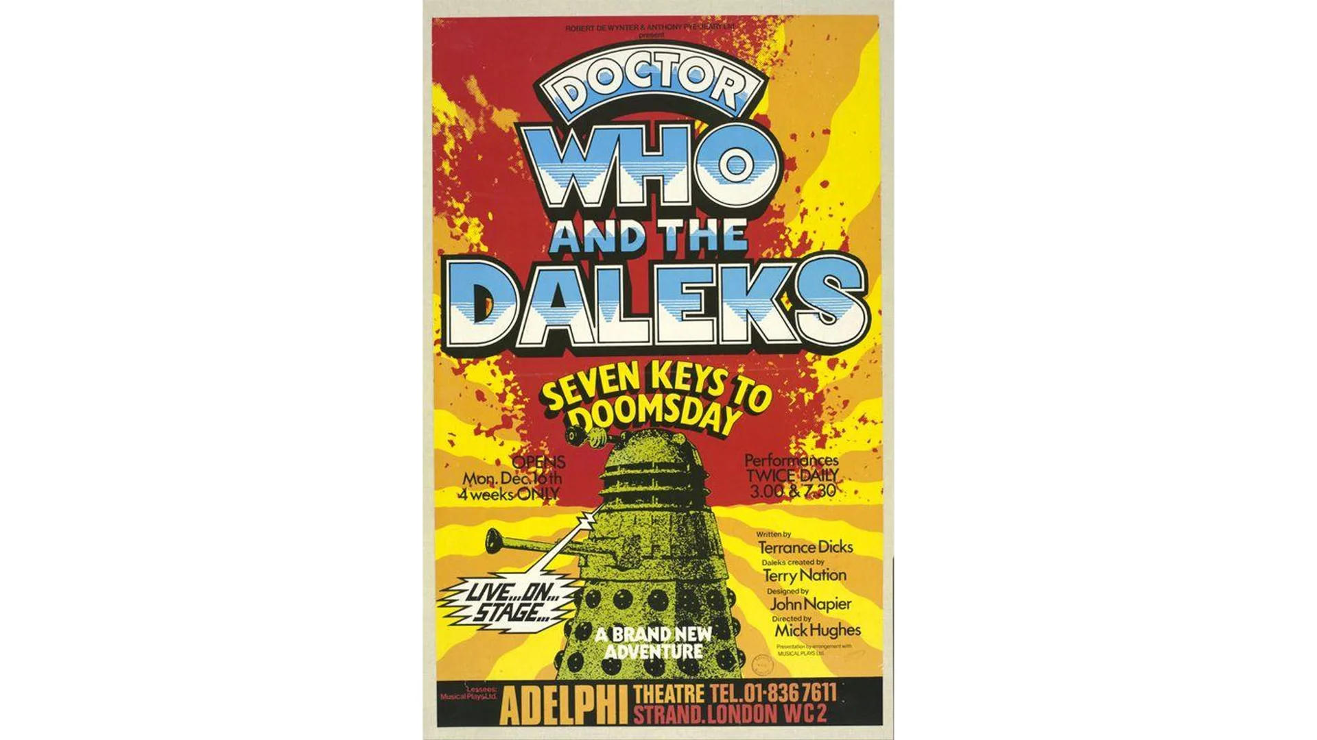 Doctor Who poster with yellow and red background and a dalek