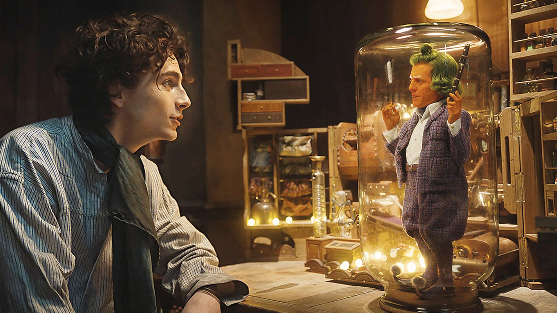 Wonka and Oompa Loompa in a jar in the film