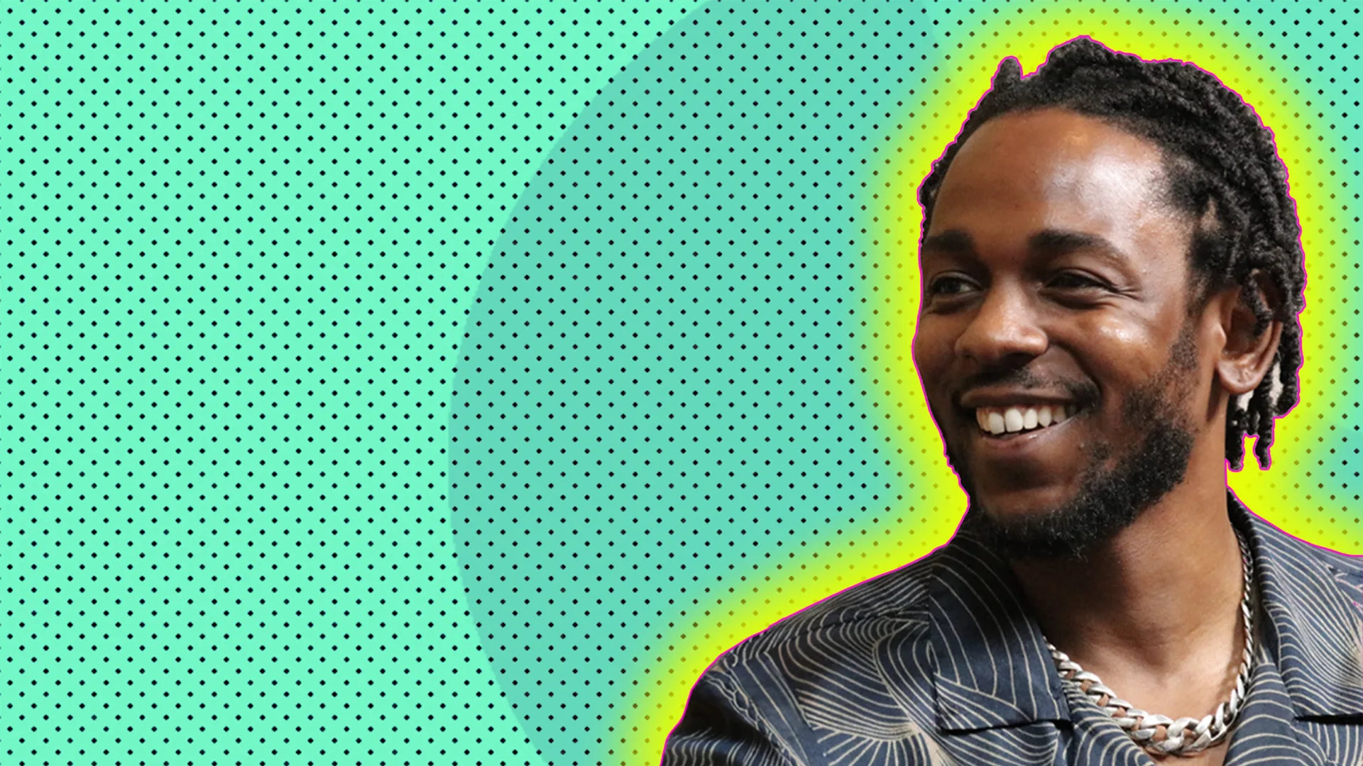 Kendrick Lamar with a yellow glow behind them on a turquoise background
