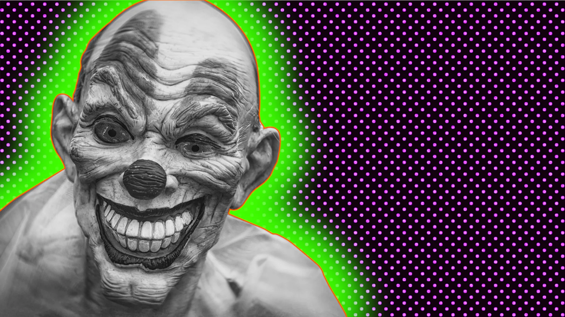 Scary looking clown in black and white with a green glow on a purple and black spotted background