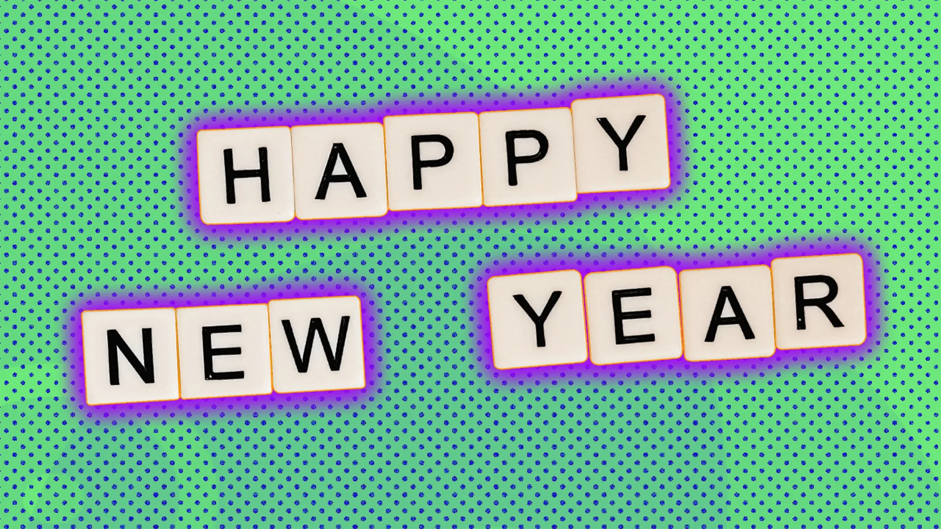 Happy New Year sign, outlined by purple halo effect on green background dotted with blue.
