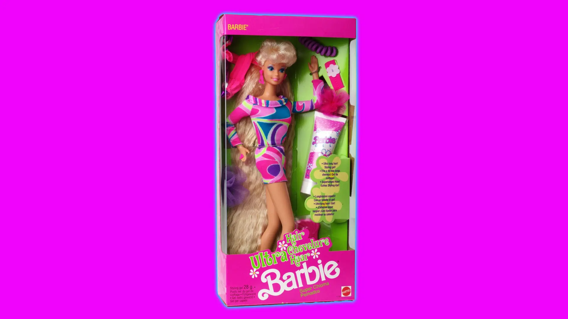 A photo of Totally Hair Barbie in her box wearing a psychedelic mini dress and her ultra long blonde hair filled the entire length of the box with accessories next to her set against a pink background with a blue halo.