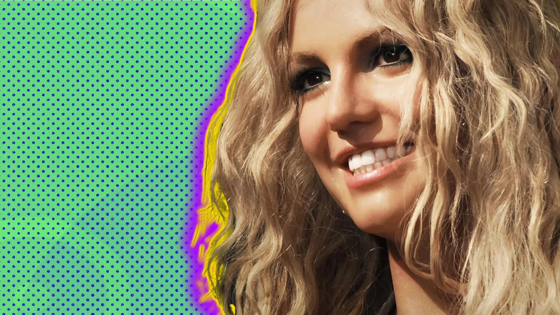 Britney Spears smiling against a green dotted background with a purple halo effect