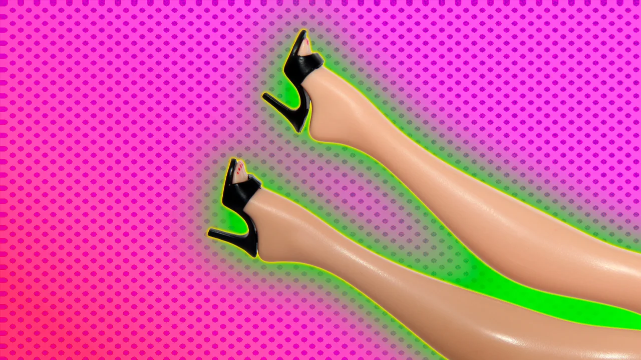 Pair of Barbie doll legs with black shoes with a green halo effect against a pink dotted background