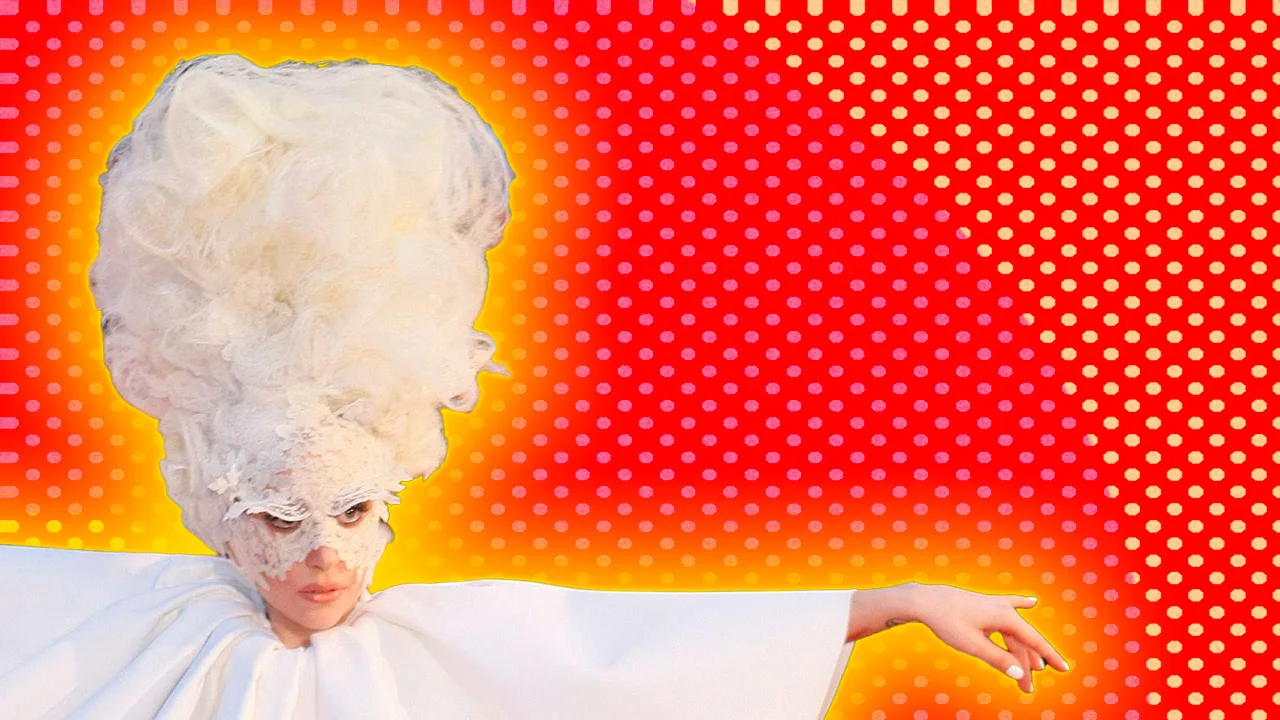 Photo of Lady Gaga against a red spotted background with a yellow halo