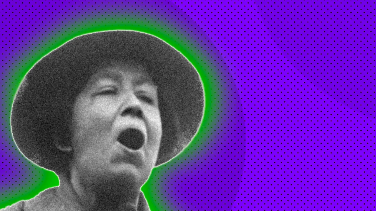 Sylvia Pankhurst against a purple spotted background with a green halo