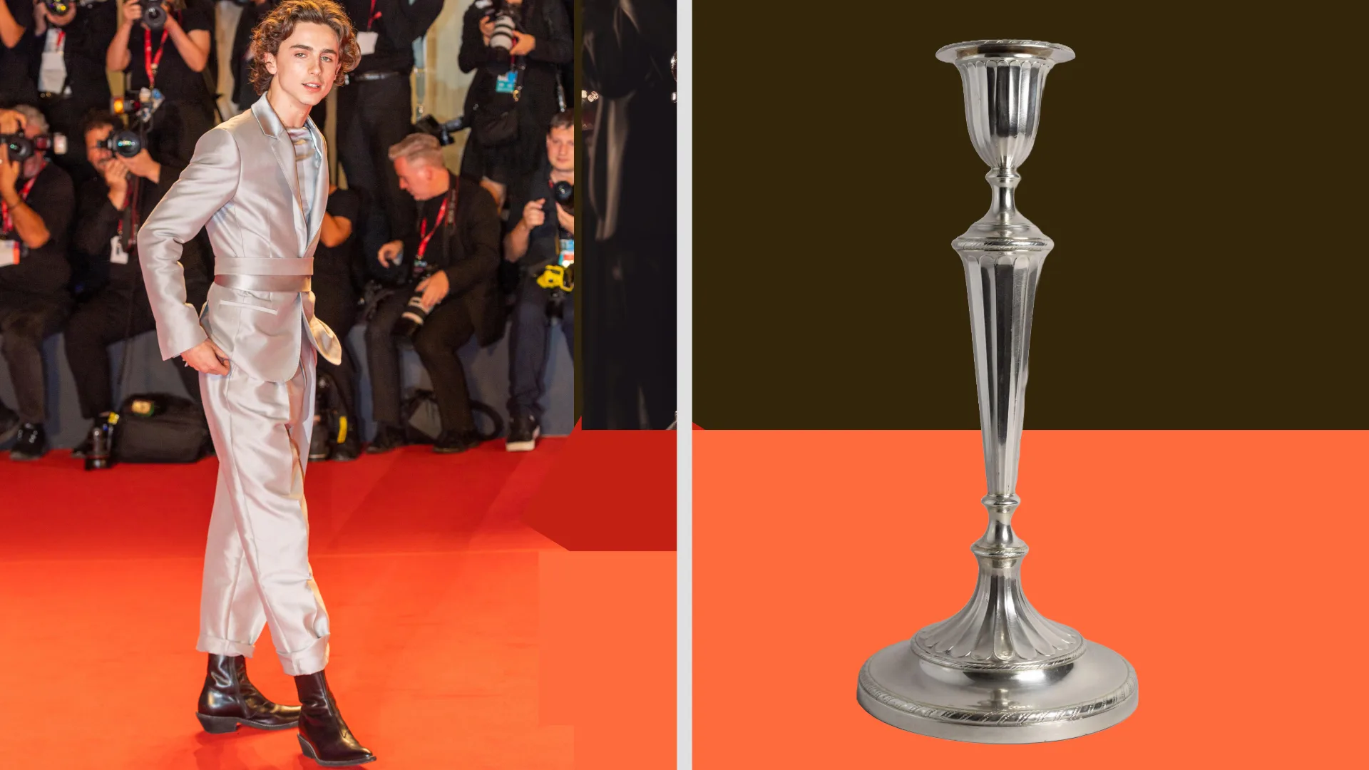 Timothee Chalamet in a silver suit next to a photograph of a silver candlestick holder