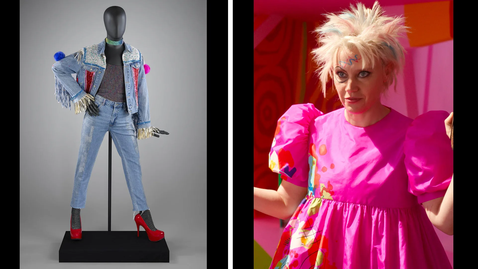 Photograph of the costume from Everybody's talking about jamie which is a jean jacket suit spliced next to a photograph of Weird Barbie from the movie Barbie looking at it