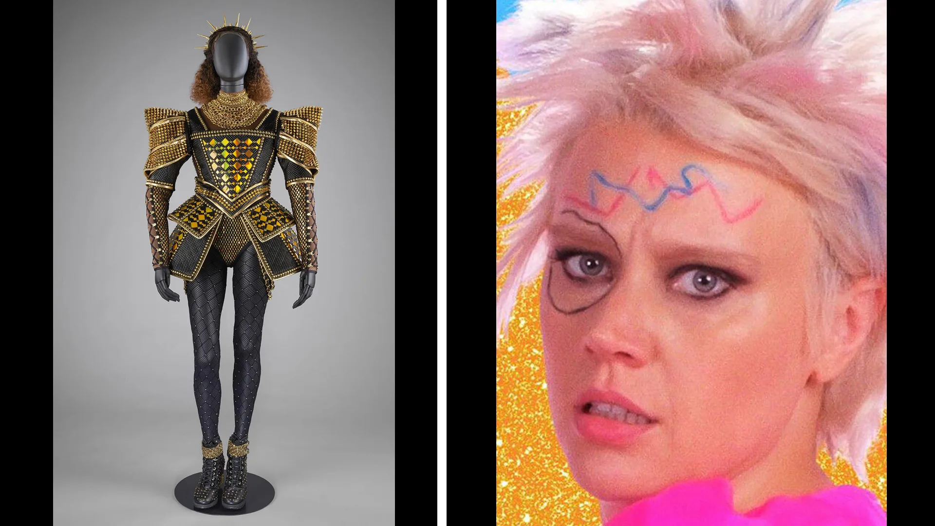 A photograph of the gold costume from SIX the musical spliced next to a photograph of Weird Barbie