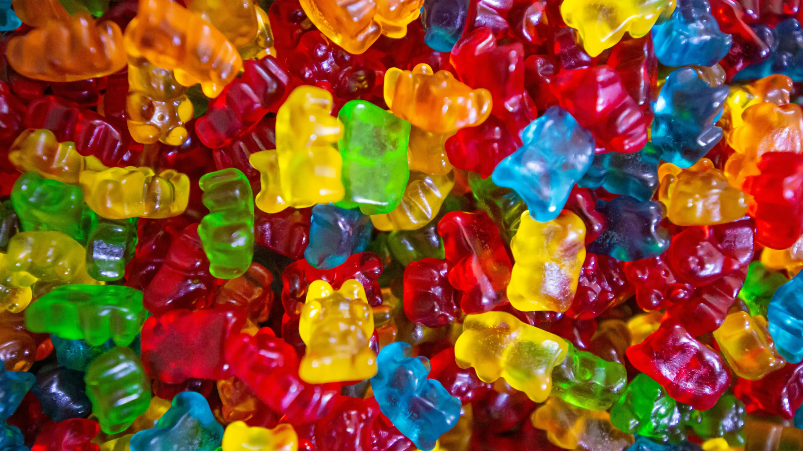 Close up photograph of colourful gummy bears