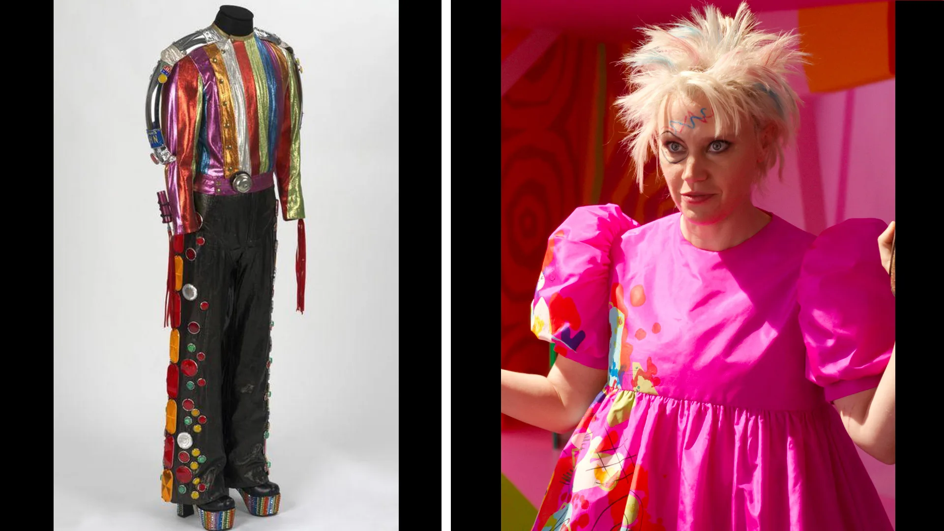 Photograph of Elton John's rainbow metallic costume from Rock and Pop next to a photograph of Weird Barbie