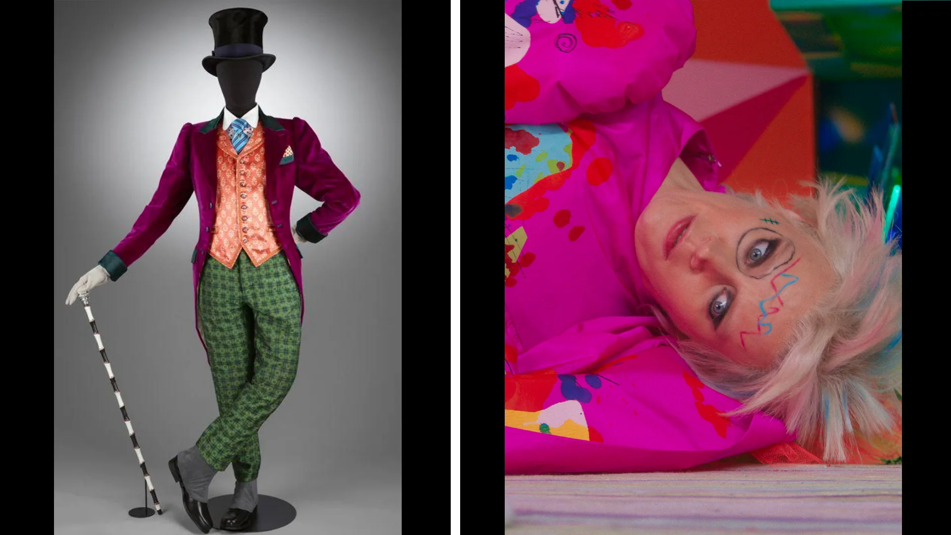 A photograph of the Willy Wonka costume at V&A and a photo spliced in of Weird Barbie lying on the floor looking at it